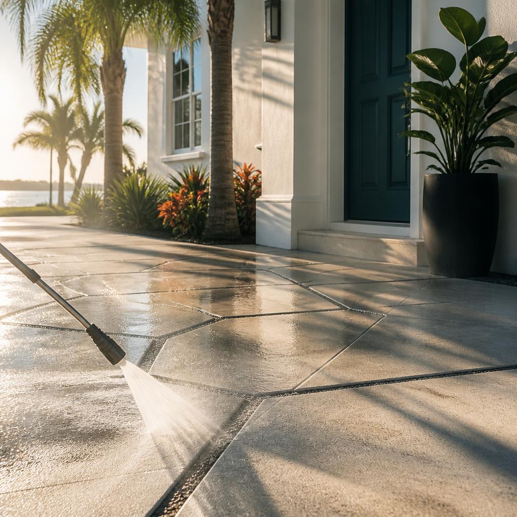 Florida home's driveway and exterior under warm sunlight